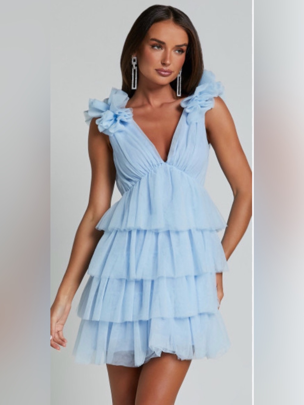 Showpo Hayden Light Blue Tiered Tulle Mini Dress - Low Back - Size 12